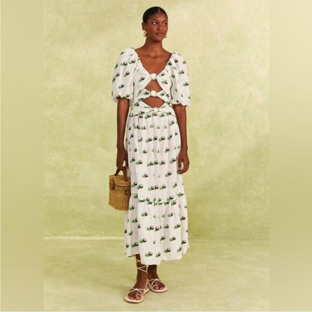FARM RIO Cross Stitch Coconut‎ Embroidered Midi Dress linen NWT small - Picture 10 of 14